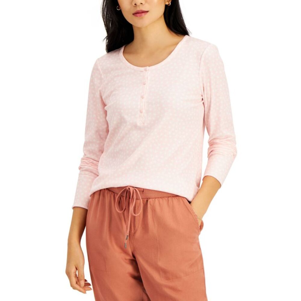 Style & Co Printed Rib Knit Henley Top